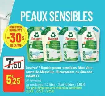 G20 Lessive** liquide peaux sensibles Aloe Vera, savon de Marseille, Bicarbonate ou Amande RAINETT offre