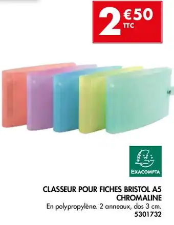 CLASSEUR POUR FICHES BRISTOL A5 CHROMALINE En polypropylène. 2 anneaux, dos 3 cm.