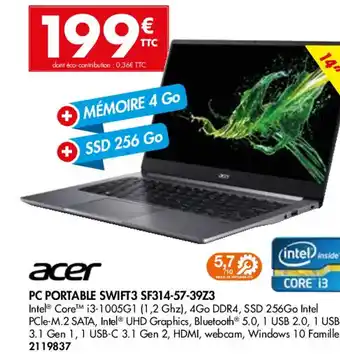 Plein ciel PC PORTABLE SWIFT3 SF314-57-39Z3 offre