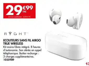 Plein ciel ECOUTEURS SANS FIL AIRGO TRUE WIRELESS offre