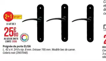 Bricorama Poignée de porte ELISA L. 42 x H. 240 x ép. 8 mm. Entraxe 195 mm. Modèle bec de canne. Coloris noir (2907048). offre