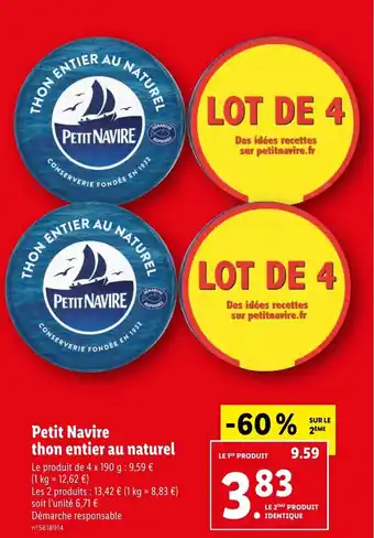 Lidl Petit Navire thon entier au naturel offre
