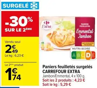 Carrefour Paniers feuilletés surgelés CARREFOUR EXTRA Jambon/Emmental, 4 x 100 g. Soit les 2 produits : 4,23 € Soit le kg : 5,29 € offre