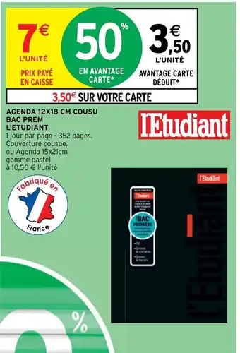 Intermarché Hyper AGENDA 12X18 CM COUSU BAC PREM L'ETUDIANT offre
