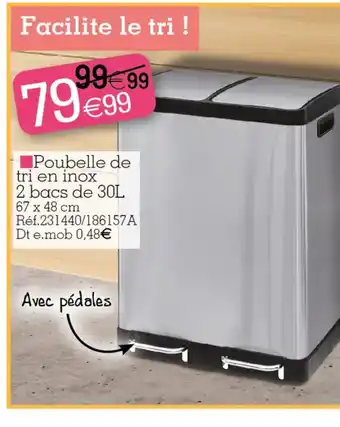 Poubelle de tri en inox 2 bacs de 30L 67 x 48 cm RĂ©f.231440/186157A Dt e.mob 0,48âŹ