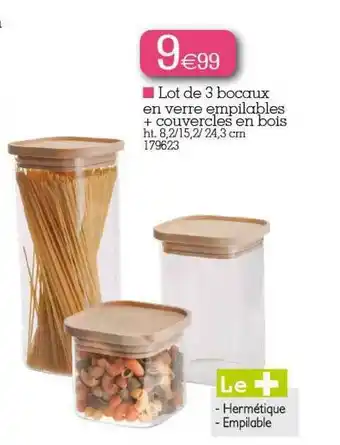 Kandy Lot De 3 Bocaux En Verre Empilables + Couvercles En Bois offre