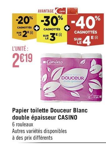 Casino Supermarchés Casino papier toilette douceur blanc double épaisseur offre