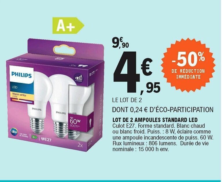 Promo Lot de 2 ampoules standard led chez E.Leclerc