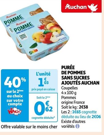 Auchan PURÉE DE POMMES SANS SUCRES AJOUTÉS AUCHAN offre