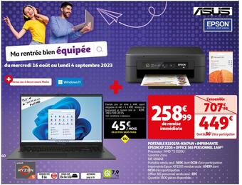 Auchan Epson / asus portable r1501fa-nj674w + imprimante xp 2205 + office 365 personnel 1an offre