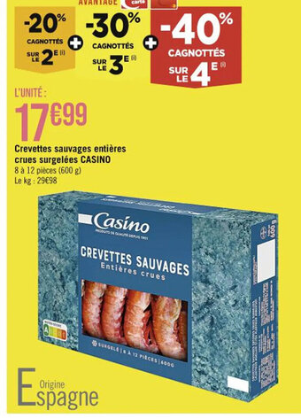 Crevettes sauvages entières crues surgelées CASINO 8 à 12 pièces (600 g)