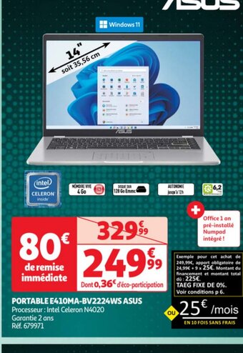 PORTABLE E410MA-BV2224WS ASUS Processeur: Intel Celeron N4020