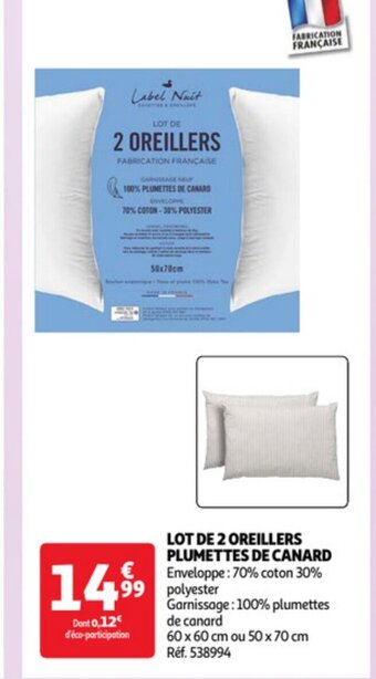 Auchan LOT DE 2 OREILLERS PLUMETTES DE CANARD Enveloppe: 70% coton 30% 99 polyester offre