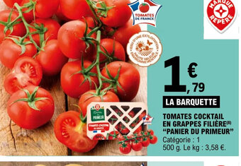 E.Leclerc TOMATES COCKTAIL EN GRAPPES FILIÈRE (8) "PANIER DU PRIMEUR" Catégorie : 1 500 g. Le kg: 3,58 €. offre