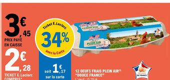 E.Leclerc 12 OEUFS FRAIS PLEIN AIR(¹) "DOUCE FRANCE" L'œuf : 0,25 €. offre