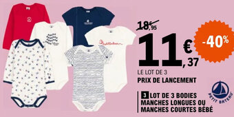 E.Leclerc LOT DE 3 BODIES MANCHES LONGUES OU MANCHES COURTES BÉBÉ offre