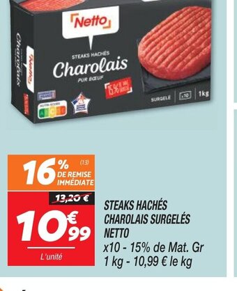 Netto STEAKS HACHÉS CHAROLAIS SURGELÉS offre