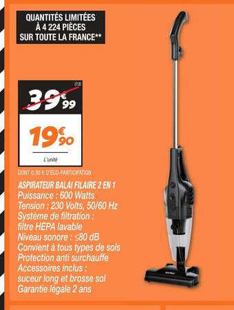 Netto DONT 0,30 € D'ÉCO-PARTICIPATION ASPIRATEUR BALAI FILAIRE 2 EN 1 offre