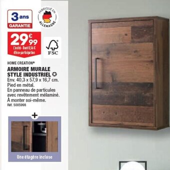 ALDI HOME CREATION ARMOIRE MURALE STYLE INDUSTRIEL Env. 40,3 x 57,9 x 16,7 cm. Pied en métal. offre