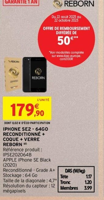 DONT 0,02 € D'ÉCO-PARTICIPATION IPHONE SE2 - 64GO RECONDITIONNÉ + COQUE + VERRE REBORN (d)