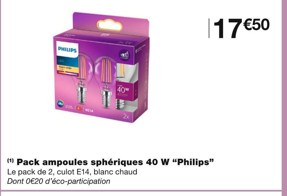 Promo Philips pack ampoules sphériques 40 w chez Monoprix