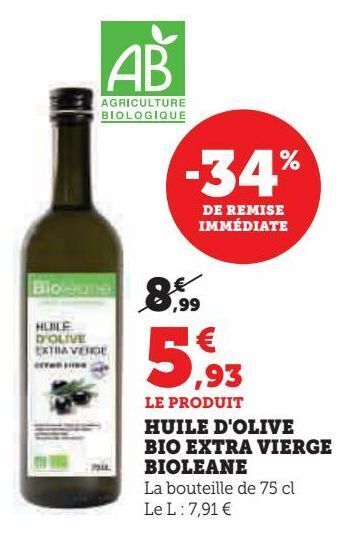 Hyper U Huile d'olive bio extra vierge bioleane offre