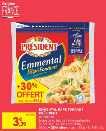 Intermarché EMMENTAL RÂPÉ FONDANT PRÉSIDENT offre