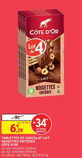 Intermarché TABLETTES DE CHOCOLAT LAIT NOISETTES ENTIÈRES CÔTE D'OR offre