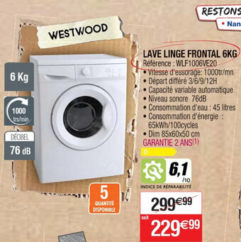 Cora x Carrefour LAVE LINGE FRONTAL 6KG Référence : WLF1006VE20 offre