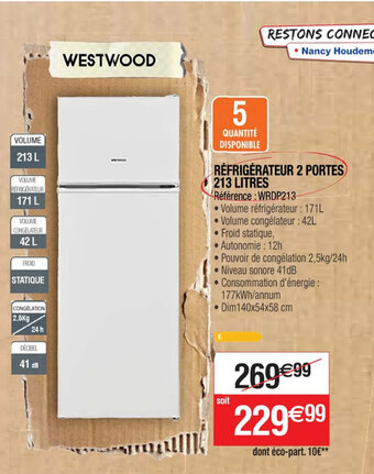 Cora x Carrefour RÉFRIGÉRATEUR 2 PORTES 213 LITRES offre