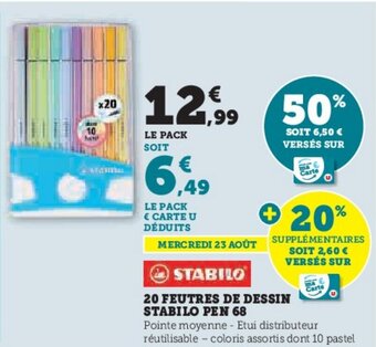 Hyper U 20 FEUTRES DE DESSIN STABILO PEN 68 offre