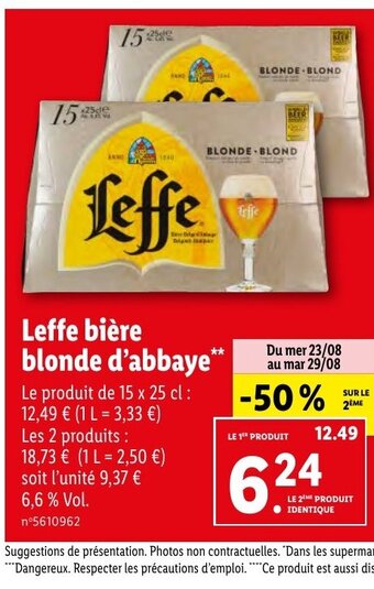 Lidl Leffe bière blonde d'abbaye" Le produit de 15 x 25 cl : offre
