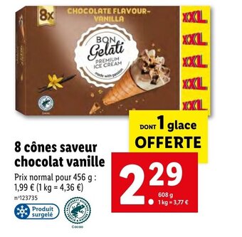 Lidl 8 cônes saveur chocolat vanille Prix normal pour 456 g : 1,99 € (1 kg = 4,36 €) offre