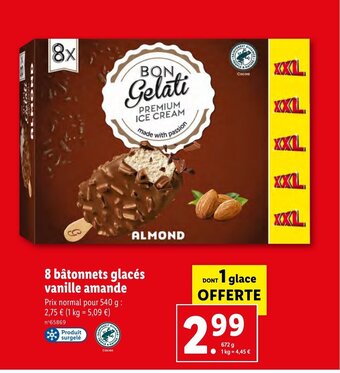 Lidl 8 bâtonnets glacés vanille amande Prix normal pour 540 g : 2,75 € (1 kg = 5,09 €) offre