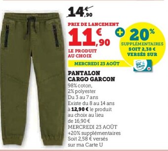 Hyper U PANTALON CARGO GARCON offre