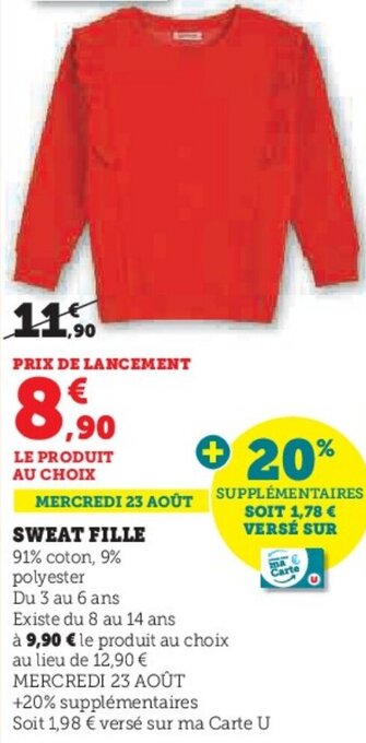 Hyper U SWEAT FILLE offre