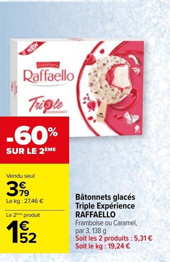 Carrefour Market Bâtonnets glacés Triple Expérience RAFFAELLO Framboise ou Caramel, par 3, 138 g offre