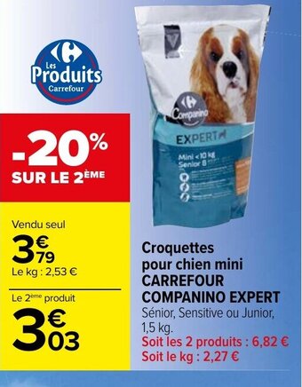 Carrefour Market Croquettes pour chien mini CARREFOUR COMPANINO EXPERT Sénior, Sensitive ou Junior, 1,5 kg. offre