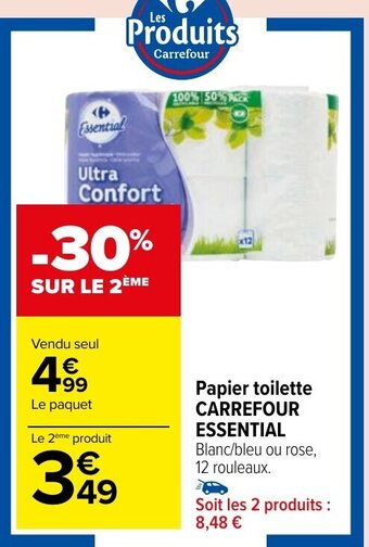 Carrefour Market Papier toilette CARREFOUR ESSENTIAL Blanc/bleu ou rose, 12 rouleaux. offre