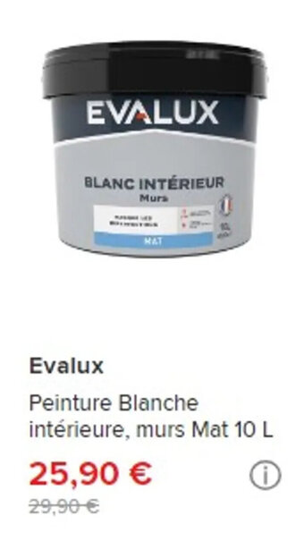 Brico Dépôt Evalux Peinture Blanche intérieure, murs Mat 10 L offre