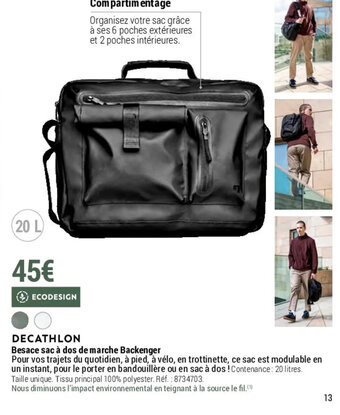 Decathlon Besace sac à dos de marche Backenger offre