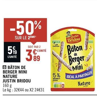 Spar Justin bridou bâton de berger mini nature offre