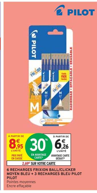 Intermarché Pilot 6 recharges frixion ball/clicker moyen bleu + 3 recharges bleu offre
