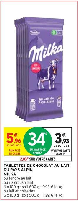 Intermarché Milka tablettes de chocolat au lait du pays alpin offre