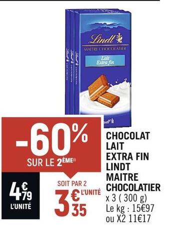 Spar Lindt chocolat lait extra fin maitre chocolatier offre