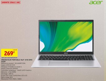 Intermarché Acer ordinateur portable 15,6 a115 gris offre
