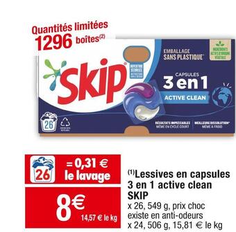Cora x Carrefour Skip (1)lessives en capsules 3 en 1 active clean offre