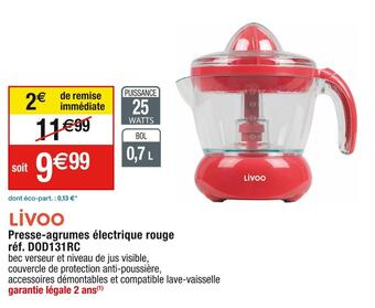 Cora x Carrefour Livoo presse-agrumes électrique rouge réf. dod131rc offre