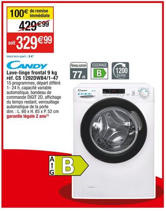 Cora x Carrefour Candy lave-linge frontal 9 kg réf. cs 1292dwb4/1-47 offre