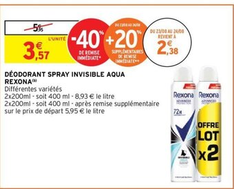 Intermarché Hyper DÉODORANT SPRAY INVISIBLE AQUA REXONA (b) offre